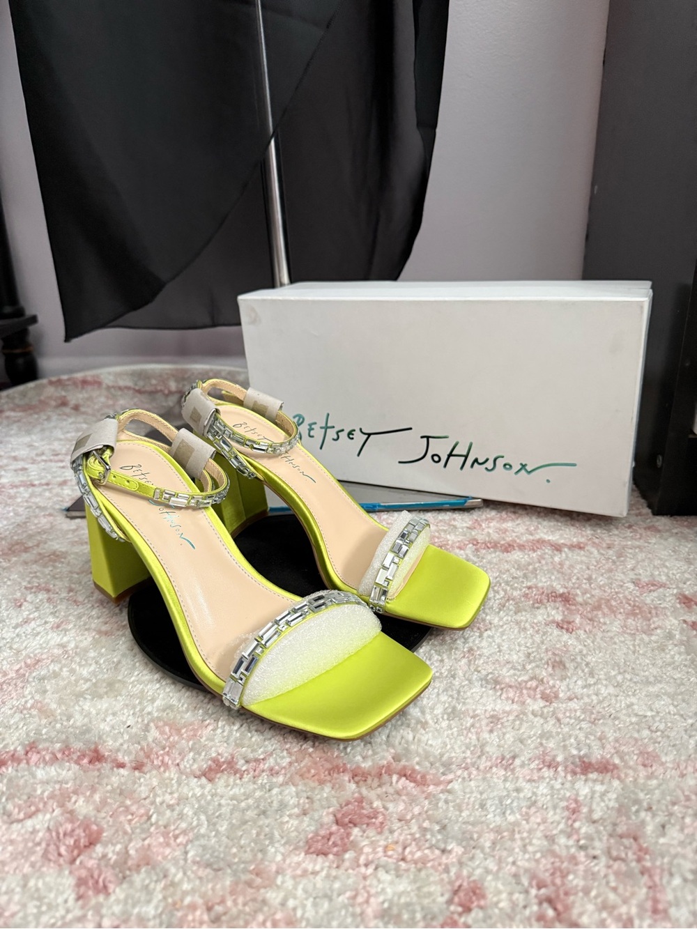 Betsey Johnson Neon Lime Rhinestone Block Heel Sandals